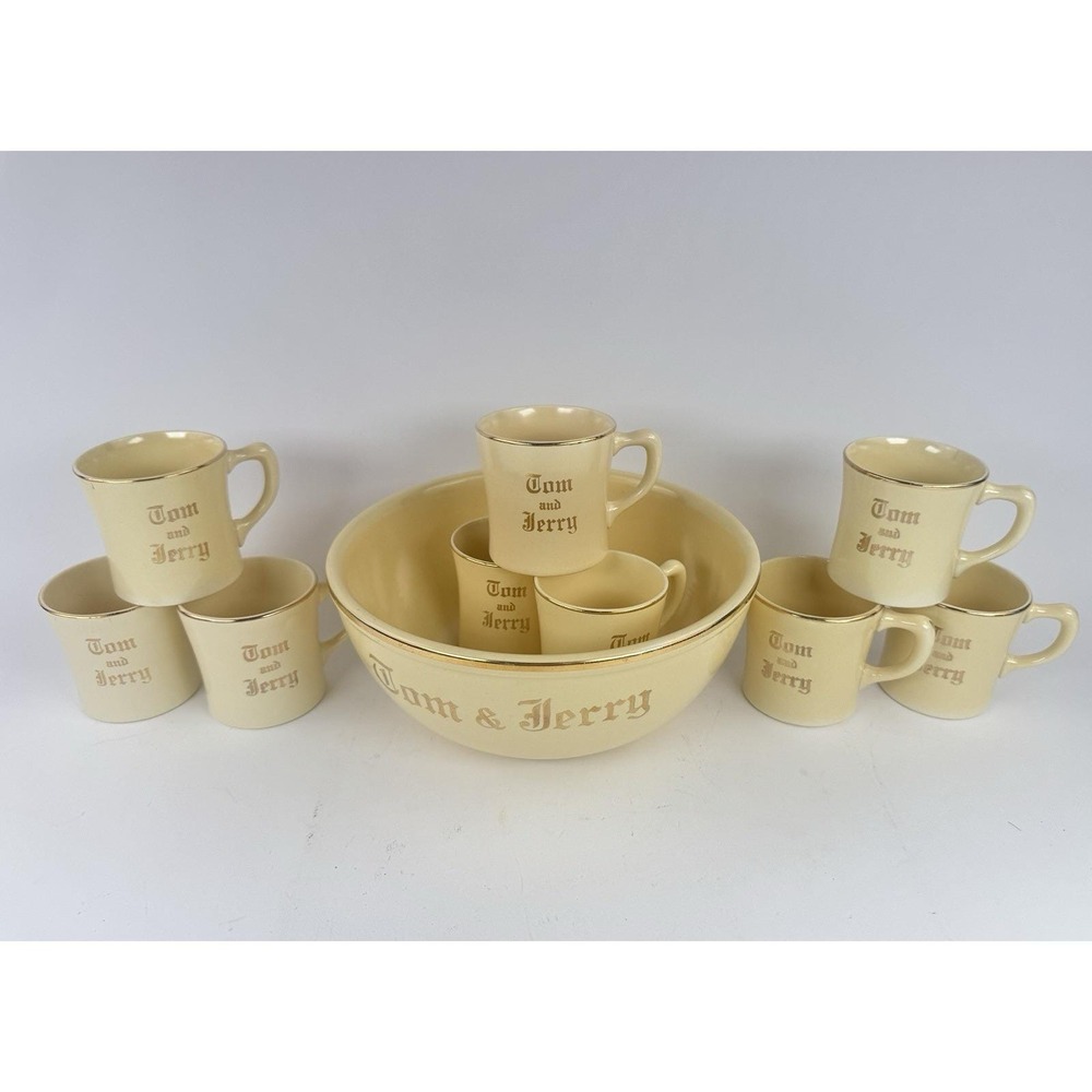 Homer Laughlin 1946 Tom & Jerry Punch Bowl 9 Mugs -Gold Trim 10 Pc Set